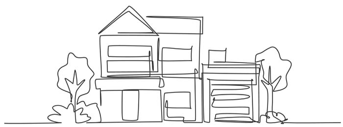 Desenho de contornos de uma casa com árvores ao redor